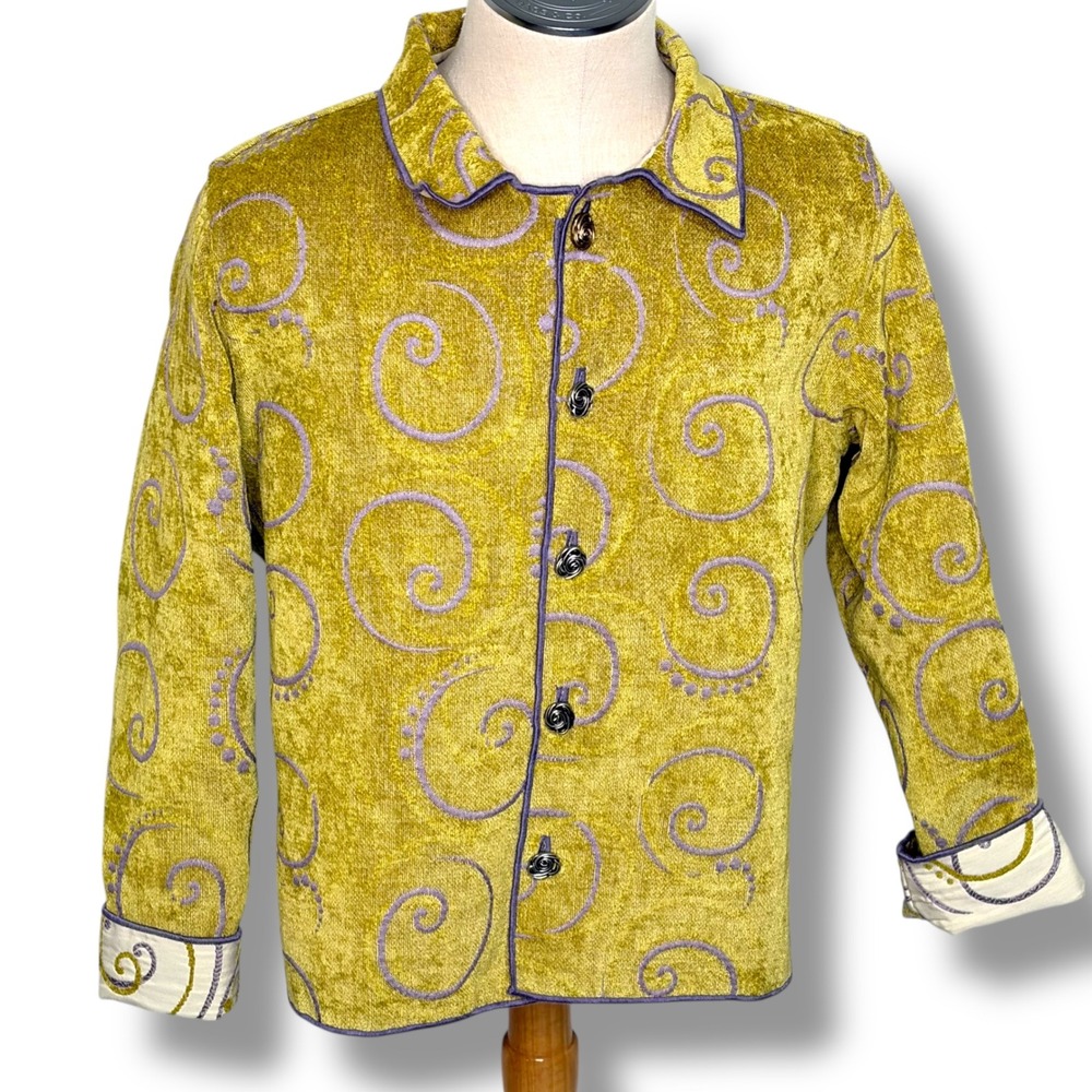 Vtg Tapestry Reversible Chenille Jacket 2XL Chartreuse Purple Swirl Art to Wear